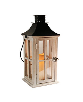 Деревянный фонарь Lumabase белого цвета с черной крышей и светодиодной свечой JH Specialties Inc / Lumabase