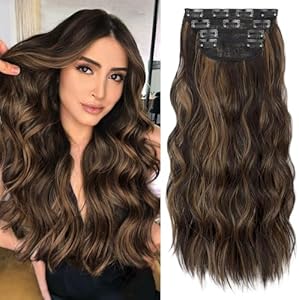 ALXNAN Clip in Long Wavy Synthetic Hair Extension 16 Inch Beach Blonde 4PCS Thick Hairpieces Fiber Double Weft Hair for Women ALXNAN