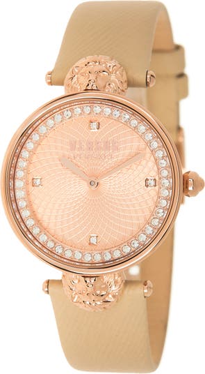 Часы с кожаным ремешком, украшенные кристаллами, 34 мм Versus Versace