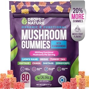 Ashwagandha & Turmeric Mushroom Gummies (Жевательные конфеты) - Shiitake Mushroom Turmeric Curcumin with Black Pepper, Vitamin C Boost, Support Immunity & Digestion, Vegan Ashwagandha Supplements (Mixed Fruits, 60 Gummies) Drops Of Nature