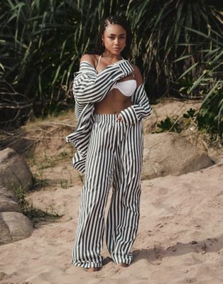 4th & Reckless x Loz Vassallo rio oversized striped linen look beach pants in green - part of a set 4TH & RECKLESS
