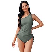 Womens Tankini Sets Side Ruched Summer 2 Piece Swimsuits Sets One Shoulder Solid Tankini Sets Missky