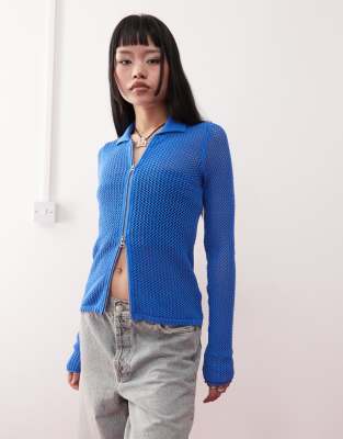 Weekday Lene open knit zip through cardigan in blue Weekday