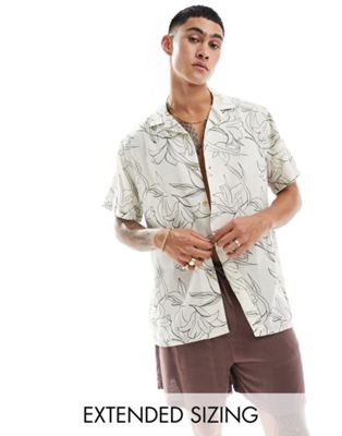 ASOS DESIGN relaxed revere beachy shirt in line drawn lily print in ecru  ASOS DESIGN