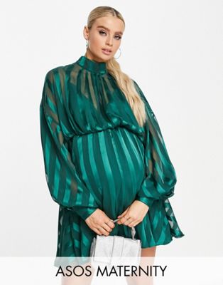 Зеленое атласное платье мини в полоску с запахом и объемными рукавами ASOS DESIGN Maternity Maternity ASOS Maternity