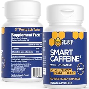 NATURAL STACKS Smart Caffeine Pills - 100mg Caffeine + 200mg L-Theanine Supplement - Supports Energy and Focus - No Jitters and No Crash - 60 Capsules Natural Stacks