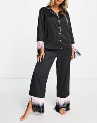 Длинная пижама на пуговицах с бахромой Loungeable в черно-розовом цвете Loungeable