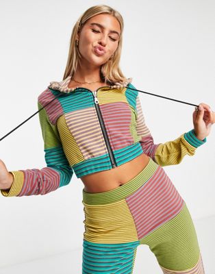 The Ragged Priest velour mix stripe hoodie in multi - part of a set The Ragged Priest