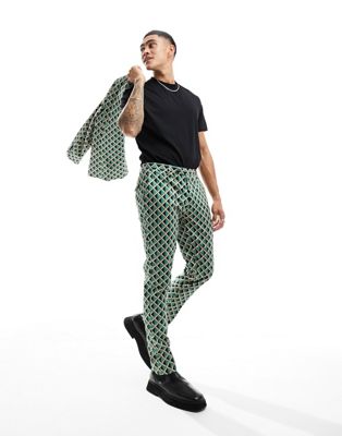 Зеленые костюмные брюки с геометрическим винтажным принтом Twisted Tailor Twisted Tailor