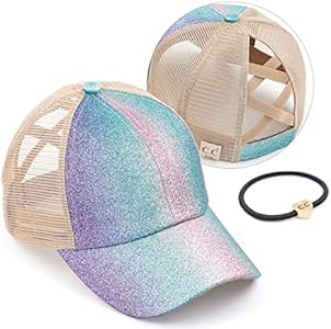 C.C Exclusives Washed Distressed Cotton Denim Criss-Cross Ponytail Hat Baseball Cap Bundle Hair Tie (BT-780) C.C