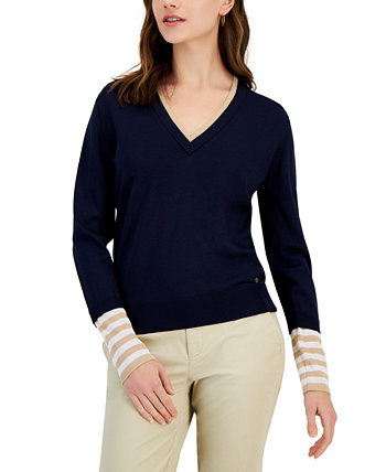 Женский свитер в полоску с v-образным вырезом и манжетами Tommy Hilfiger
