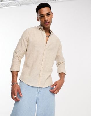 Only & Sons linen mix long sleeve shirt in beige Only & Sons
