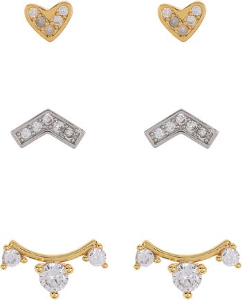 Комплект серег-гвоздиков с 14-каратным золотом и родиевым покрытием Pave Swarovski Crystal Heart, Chevron и изогнутой перемычкой ADORNIA