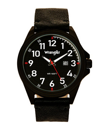 Мужские часы, черный корпус с IP-защитой 48 мм, черный циферблат, белые арабские цифры, черный ремешок, аналоговый, красная секундная стрелка, функция даты Wrangler