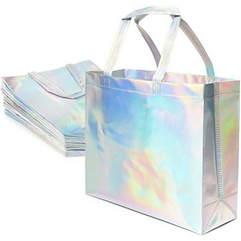 24 Pack Reusable Grocery Tote Bag With Handles, Holographic, 14 X 12 X 5 In Juvale