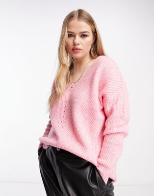 Розовый фактурный свитер с v-образным вырезом Only Curve ONLY