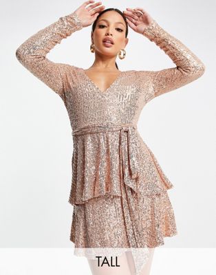 In The Style Tall exclusive sequin plunge front tiered detail mini dress in rose gold In The Style Tall