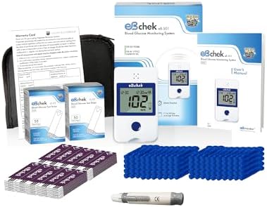 eBchek Blood Glucose Meter System for Diabetes, Multi-Lingual Voice, Talk Function, No Coding, 100 Test Strips, 100 Lancets 30G, 1 Blood Sugar Monitor, Blood Sugar Test Kit, Lancing Device EBmonitor