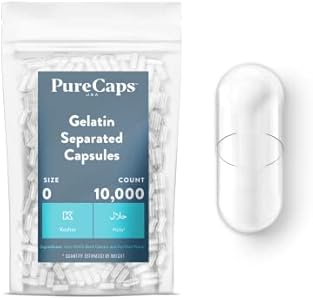 PureCaps USA - Empty Clear Gelatin Capsules (Капсулы) Size 0, 1,000 Empty Separated Gel (Гель) Pills, Non-GMO Certified, Kosher, Gluten Free and Halal Certified, Pure Beef Empty gel pill capsules PureCaps USA