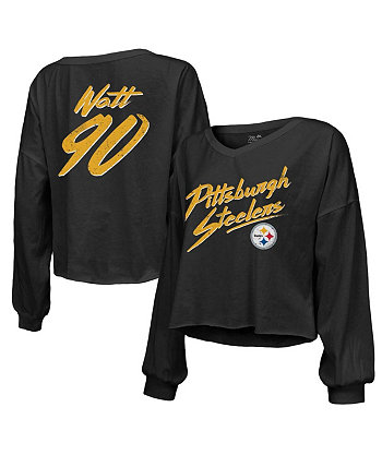 Женские нитки T.J. Укороченная футболка Watt Black с длинными рукавами и v-образным вырезом с надписью «Pittsburgh Steelers» с открытыми плечами и надписью «Pittsburgh Steelers» Majestic