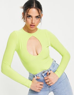 Femme Luxe long sleeve cut out detail bodysuit in lime green Femme Luxe