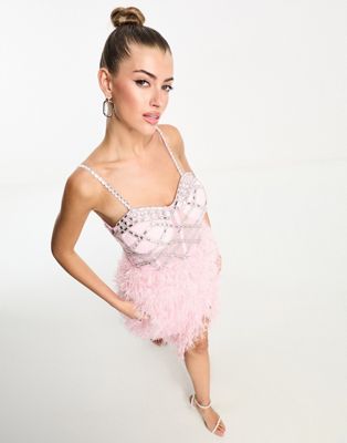 Эксклюзивное розовое платье миди из искусственных перьев Starlet Starlet