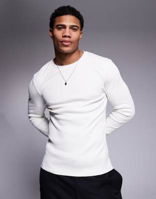 ASOS DESIGN heavyweight muscle fit long sleeve rib t-shirt in cream ASOS DESIGN