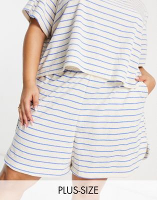 Pieces Curve towelling shorts in cream & blue stripe Pieces Plus