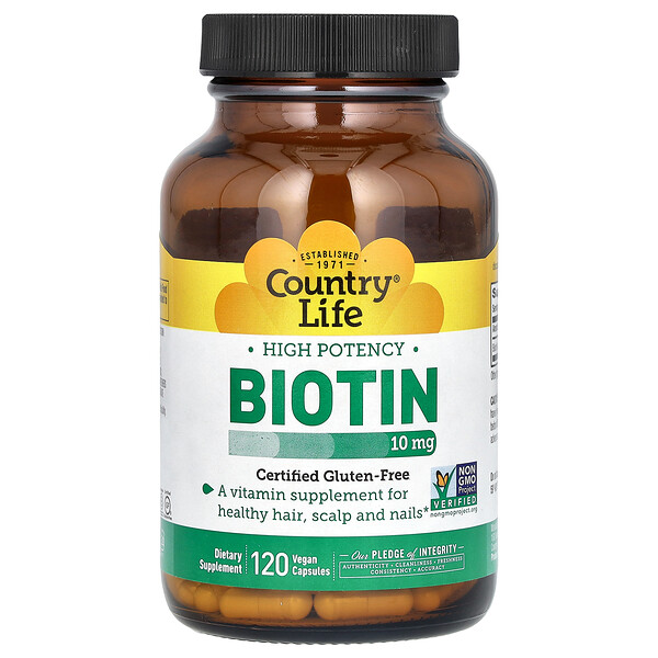 Высокоэффективный биотин, 10 мг, 120 веганских капсул Country Life