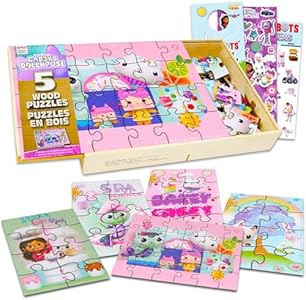 Gabby's Dollhouse Wood Puzzle Set - Bundle with 5 Gabby's Dollhouse Wooden Puzzles, Stickers, More | Gabby's Dollhouse Toys for Girls Dreamworks