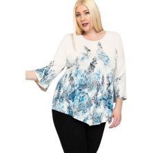 Print Top Featuring A Round Neckline And 3/4 Bell Sleeves FASHNZFAB