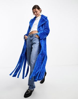 Пышное пальто оверсайз с изогнутым воротником и кисточками Annorlunda темно-синего кобальта Annorlunda