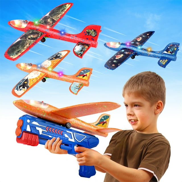 Allaugh 3 Pack Airplane Launcher Toy, 12.6" Foam Glider Led Plane, 2 Flight Mode Catapult Plane Boy Toys with 3 DIY Stickers, Outd Allaugh