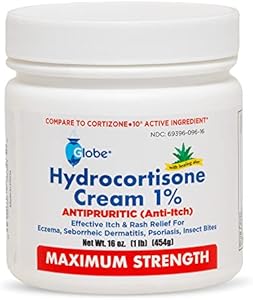 Globe Hydrocortisone Maximum Strength Cream (Крем) 1% w/Aloe, 16 oz (Унции), Anti-Itch Cream for Redness, Swelling, Itching, Rash, Bug/Mosquito Bites, Eczema, Hemorrhoids & More, 16 oz Jar Globe