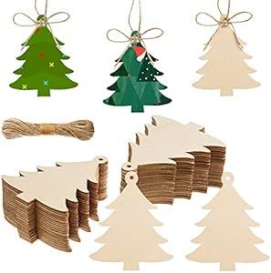 72 Pieces Wooden Christmas Tree Cutouts Crafts Embellishments Unfinished Christmas Tree Hanging Ornaments Blank Christmas Tree Wood Cutouts Slice with Ropes for DIY Crafts Christmas Xmas Decoration AWIZOM