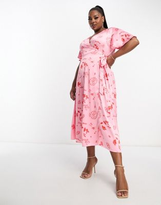 Розовое платье миди с запахом и завязками Never Fully Dressed Plus с принтом la mer NEVER FULLY DRESSED