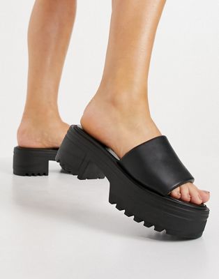 ASOS DESIGN Tile chunky padded mid heel sandals in black ASOS DESIGN
