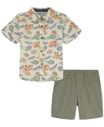 Little Boys Short Sleeve Dinosaur Print Poplin Shirt and Twill Shorts, 2 Piece Set Kids Headquarters