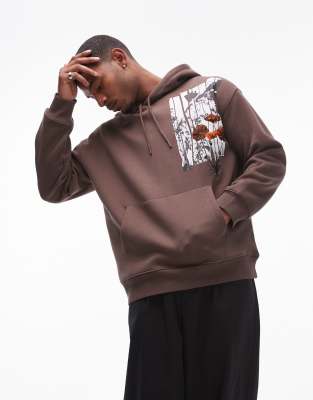 Topman oversized fit hoodie with floral print and embroidery in brown TOPMAN