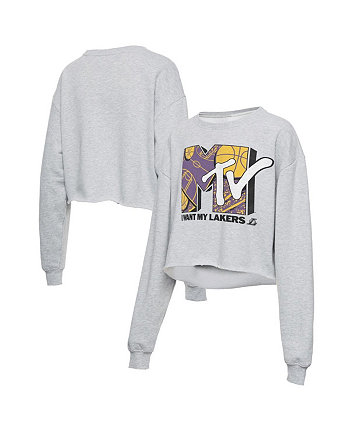 Женский укороченный флисовый пуловер Los Angeles Lakers NBA x MTV в меланжевом цвете серого цвета I Want My Junk Food