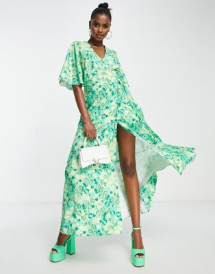 Зеленые платья макси с запахом и цветочным принтом Liquorish с рукавами-кимоно Liquorish