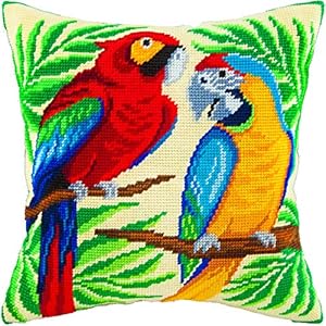 Brvsk Floral Needlepoint Kit for Adults and Beginners — Two Parrots 16″ × 16″ with Clear, Precise Printed Design on Cotton Canvas; Includes 2 Needles, Yarn, and Easy-Read Chart Brvsk