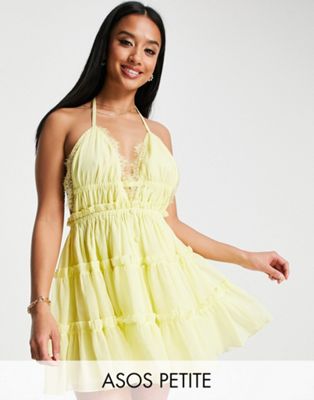 Лимонное многоярусное мини-платье на пуговицах с кружевной отделкой ASOS DESIGN Petite ASOS Petite