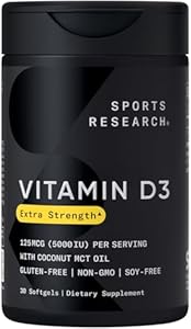 Sports Research Vitamin D3 5000 IU with Coconut MCT Oil - High Potency Vitamin D Supplement for Immune & Bone Support - Non-GMO Verified, Gluten & Soy Free – 125mcg, 30 Liquid Softgels Sports Research