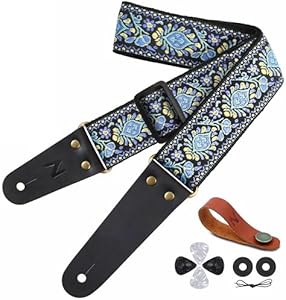 Nefelibata Guitar Strap, Embroidered Cotton Guitar Straps with Head Cowhide Leather Ends for Bass, Electric & Acoustic Guitars, with Free Strap Button, 1 Pair Strap Locks and 4 Guitar Picks (Saffron) Nefelibata