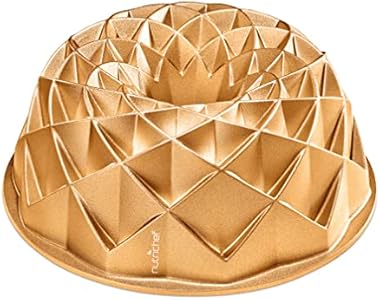 NutriChef 9-Inch Bundt Cake Pan - Heavy Die Cast Aluminum Baking Pan with 2 Layers of Professional Nonstick Coating - Fluted Flow Design for Uniform Baking & Browning, Dishwasher Safe - Gold NutriChef