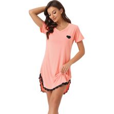 Women's Pajama Dress Lace Trim V-neck Short Sleeves Lounge Nightgowns Cheibear