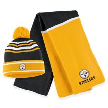 Женская одежда Erin Andrews Черная вязаная шапка Pittsburgh Steelers с цветными блоками и манжетами, помпоном и шарфом WEAR by Erin Andrews