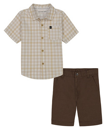 Рубашка на пуговицах в клетку с короткими рукавами и саржевые шорты для мальчиков, комплект из 2 предметов Calvin Klein