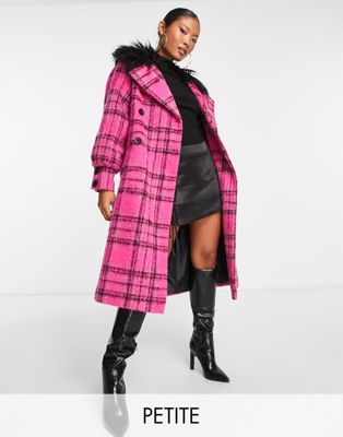 Розовое длинное пальто в монгольскую клетку с воротником из искусственного меха Miss Selfridge Petite Miss Selfridge